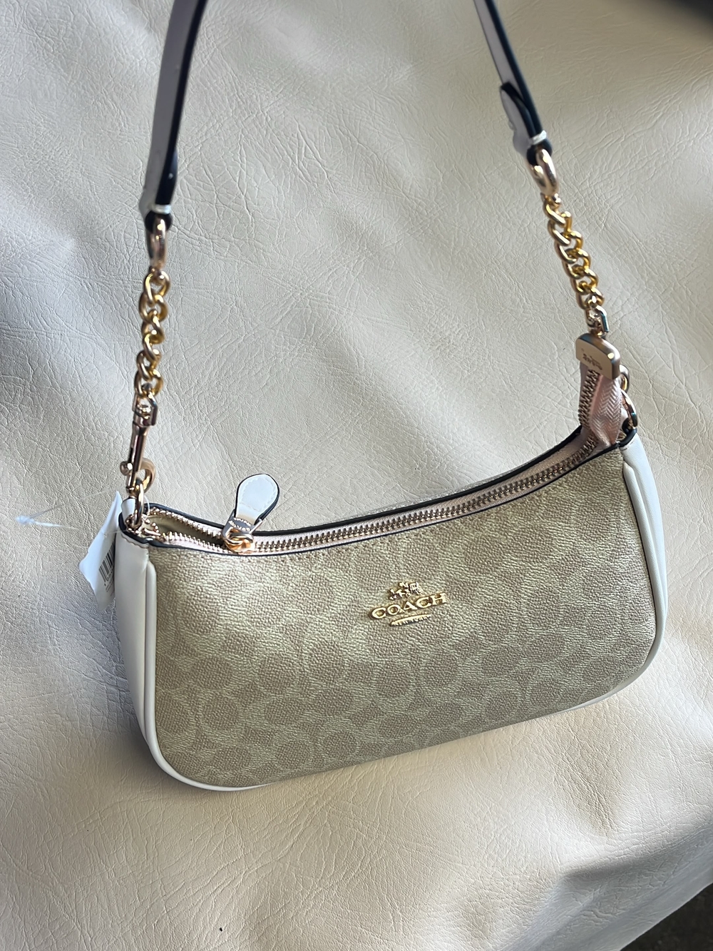 Coach Signature Mini Shoulder Bag in Beige and White with Gold Hardware